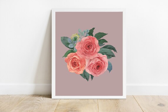 Blush Pink Watercolor Rose Bouquet Soft Mauve Botanical Flower Poster
