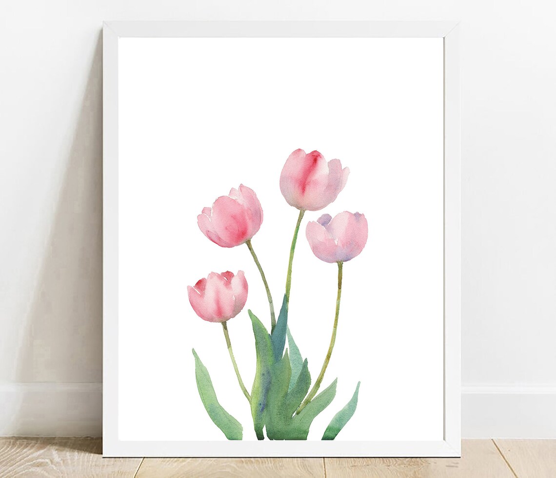 Pink Tulip Watercolor Print Spring Botanical Wall Art