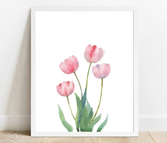 Soft Pink Tulip Watercolor Stems Minimalist Spring Flower Poster