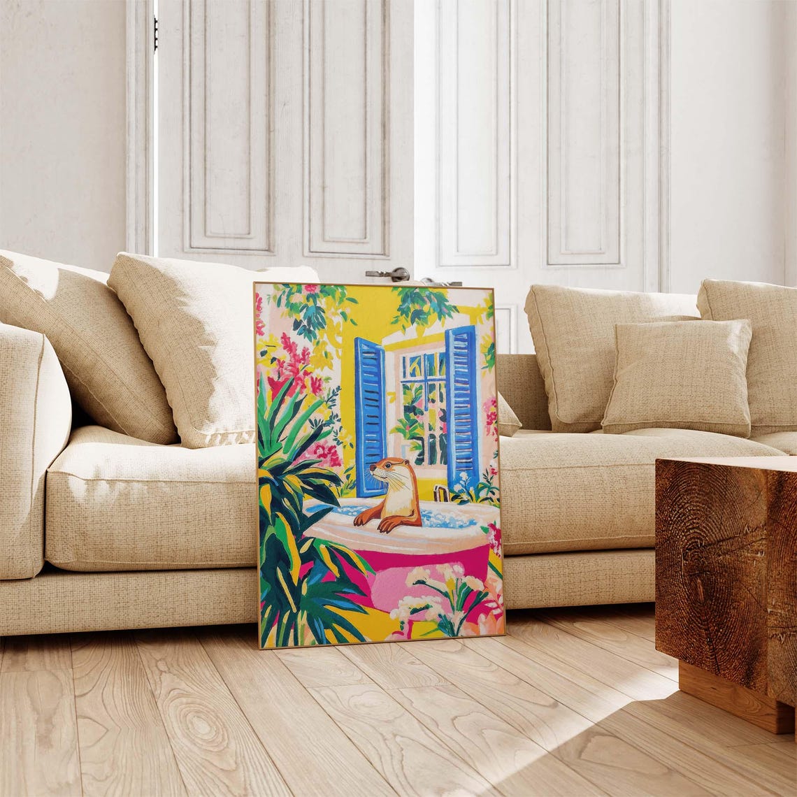 Otter Soaking In Pink Bathtub In Tropical Yellow Bathroom Funny Poster - Image 3