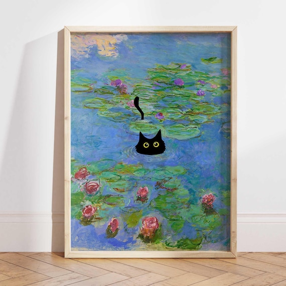 Monet Waterlily Cat Office Decor Poster Print