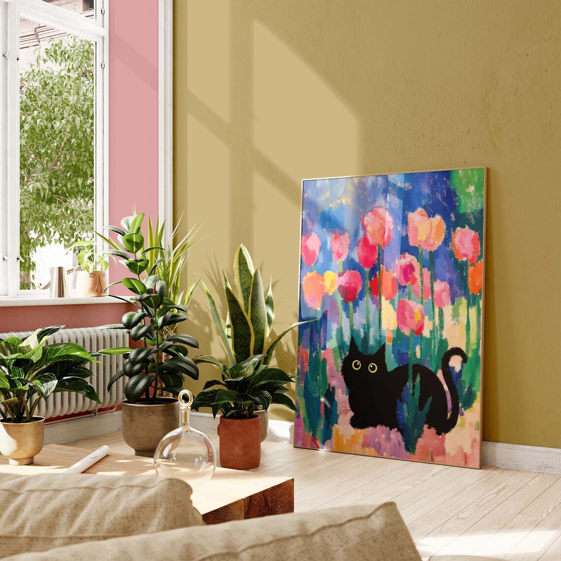 Black Cat Among Tall Colorful Matisse Inspired Tulips Garden Art Poster - Image 4