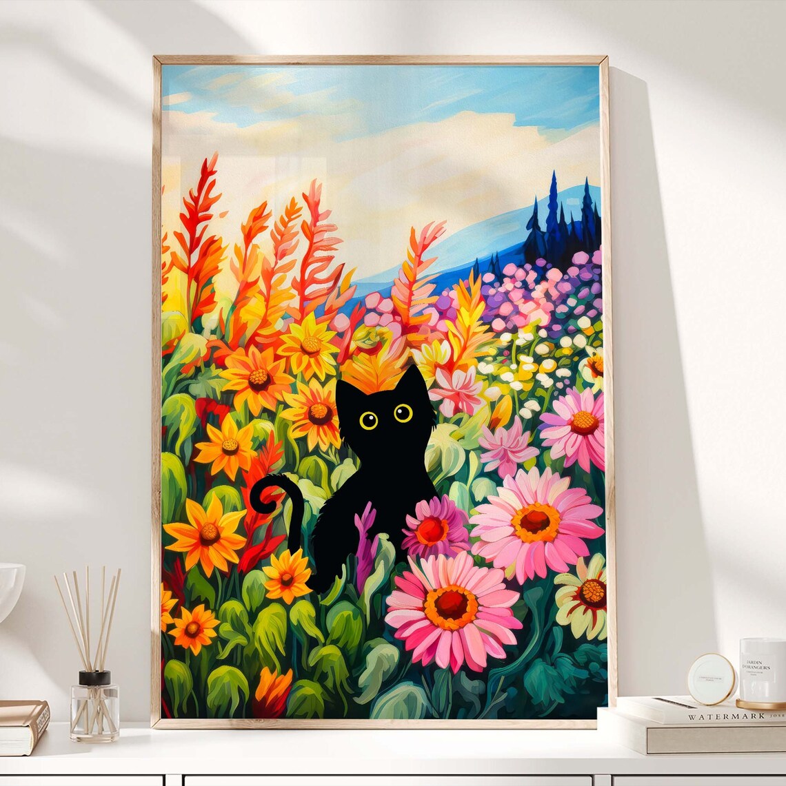 Black Cat and Sunflowers, Funny Cat Art Print - Image 3