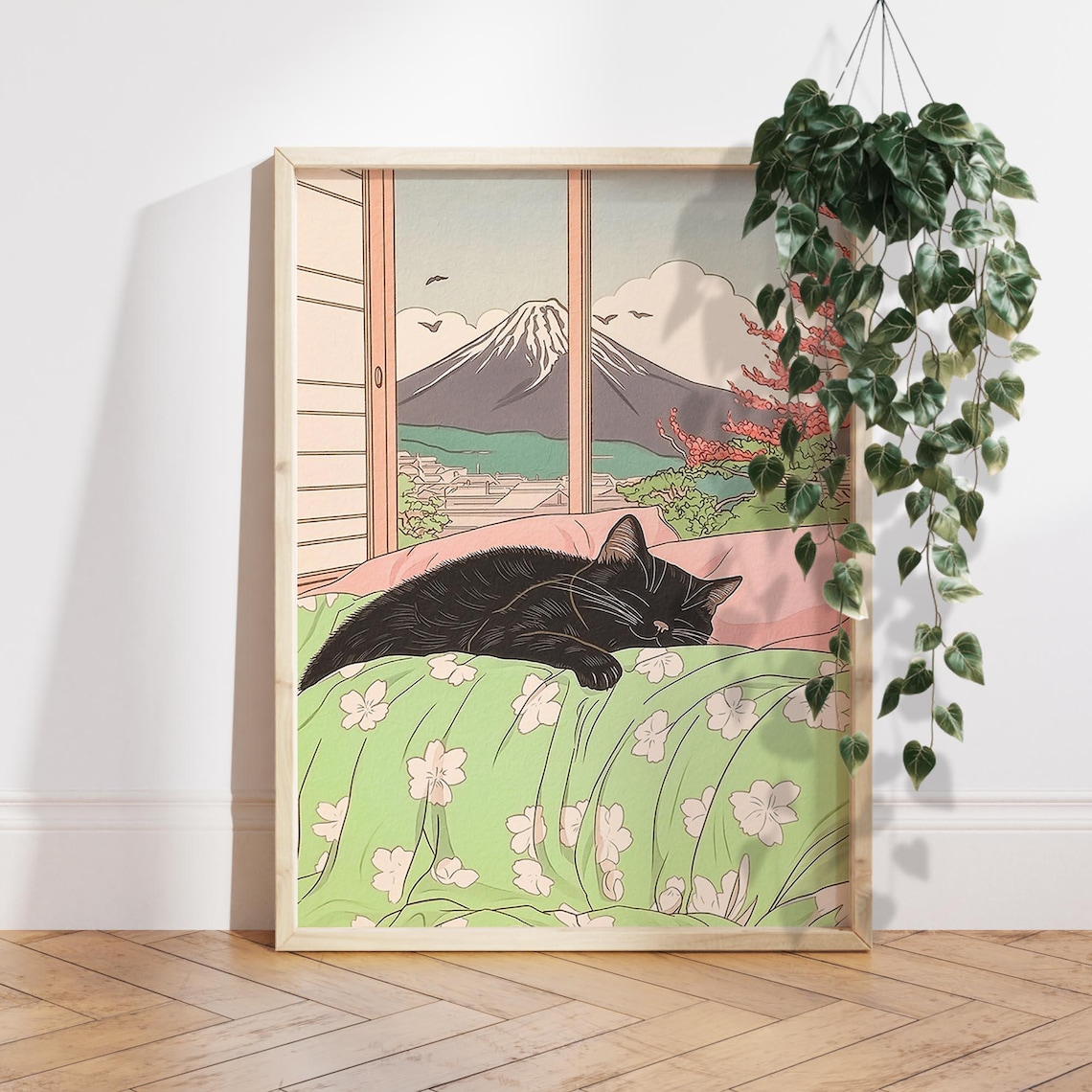 Sleeping Black Cat And Mount Fuji Japanese Poster