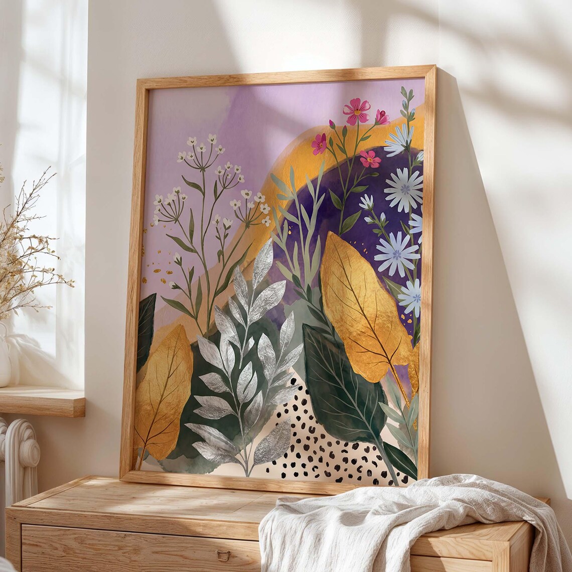 Abstract Botanical Floral Watercolor Pink Purple Gold Leaf Wall Art