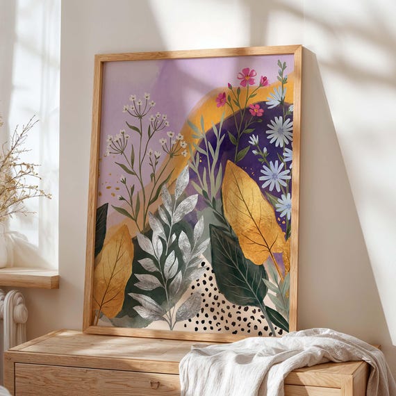 Abstract Botanical Print Lavender Floral Poster Pink Purple Gold Leaf Decor