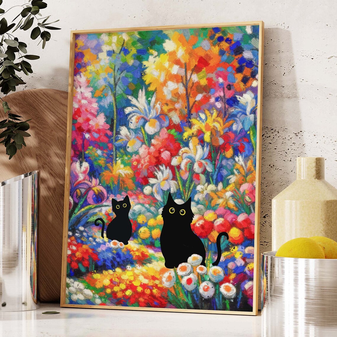 Two Black Cats In Vibrant Impressionist Wildflower Garden Art Poster - Image 4