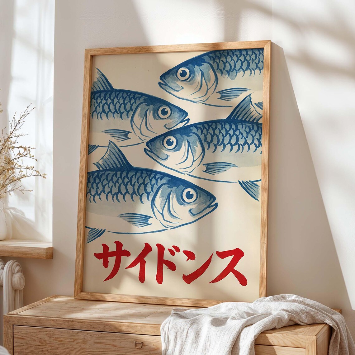 Japanese Sardine Fish Market Blue Ink Retro Asian Kitchen Poster