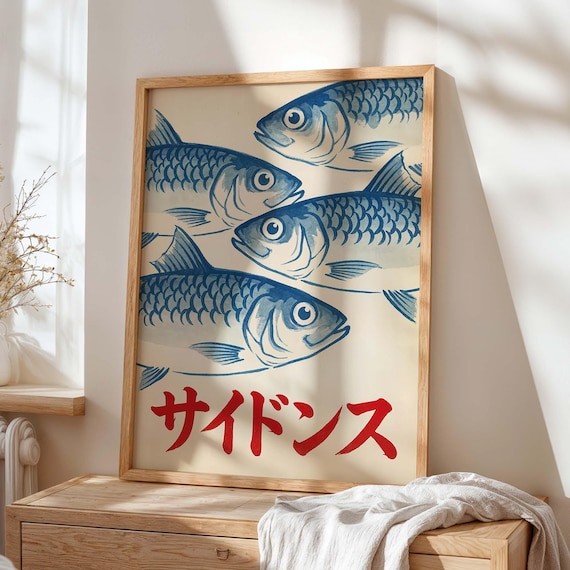 Japanese Sardine Fish Market Blue Ink Retro Asian Kitchen Poster
