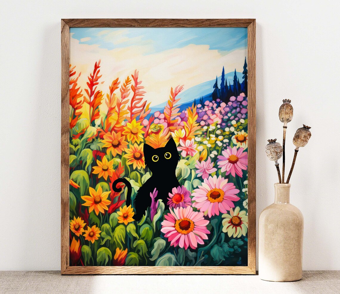 Black Cat and Sunflowers, Funny Cat Art Print