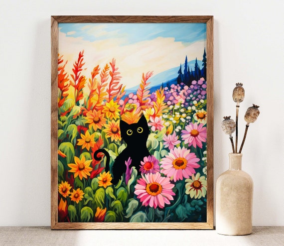 Black Cat and Sunflowers, Funny Cat Art Print