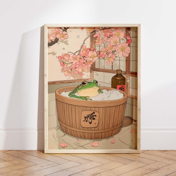 Frog Relaxing in Wooden Bath Tub Japanese Woodblock Art Poster