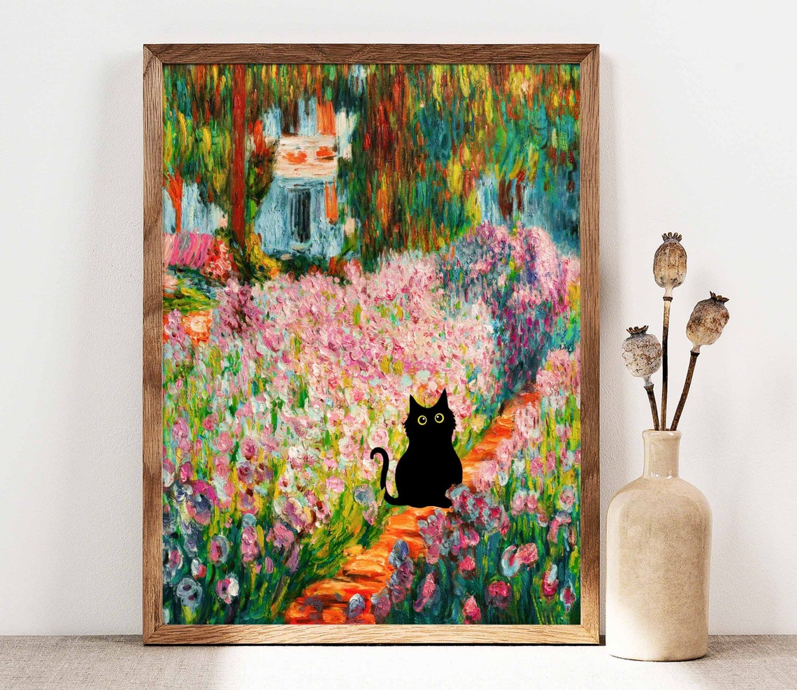 Black Cat Strolling Through Monet Style Iris Garden Art Poster