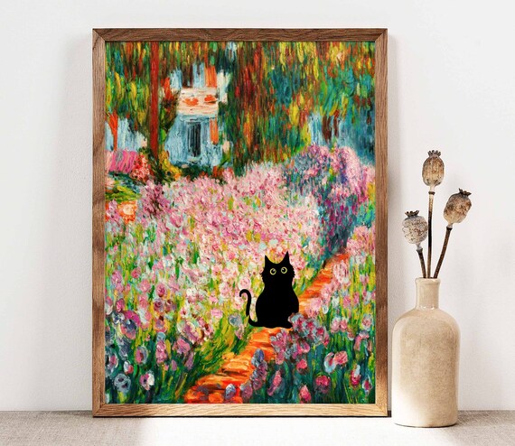 Black Cat Strolling Through Monet Style Iris Garden Art Poster