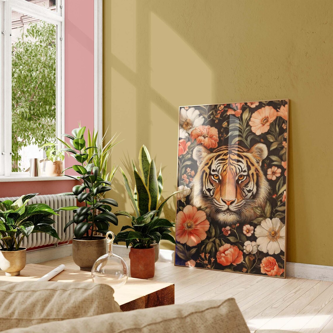 Tiger Portrait In Dark Floral Garden Morris Inspired Orange Blooms Poster - Image 3