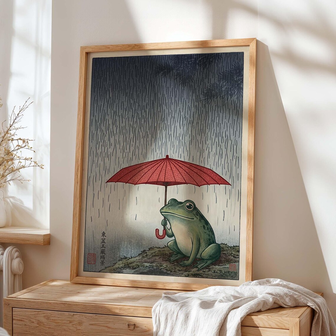 Japanese Frog Art Print, Rainy Day Ukiyoe Decor