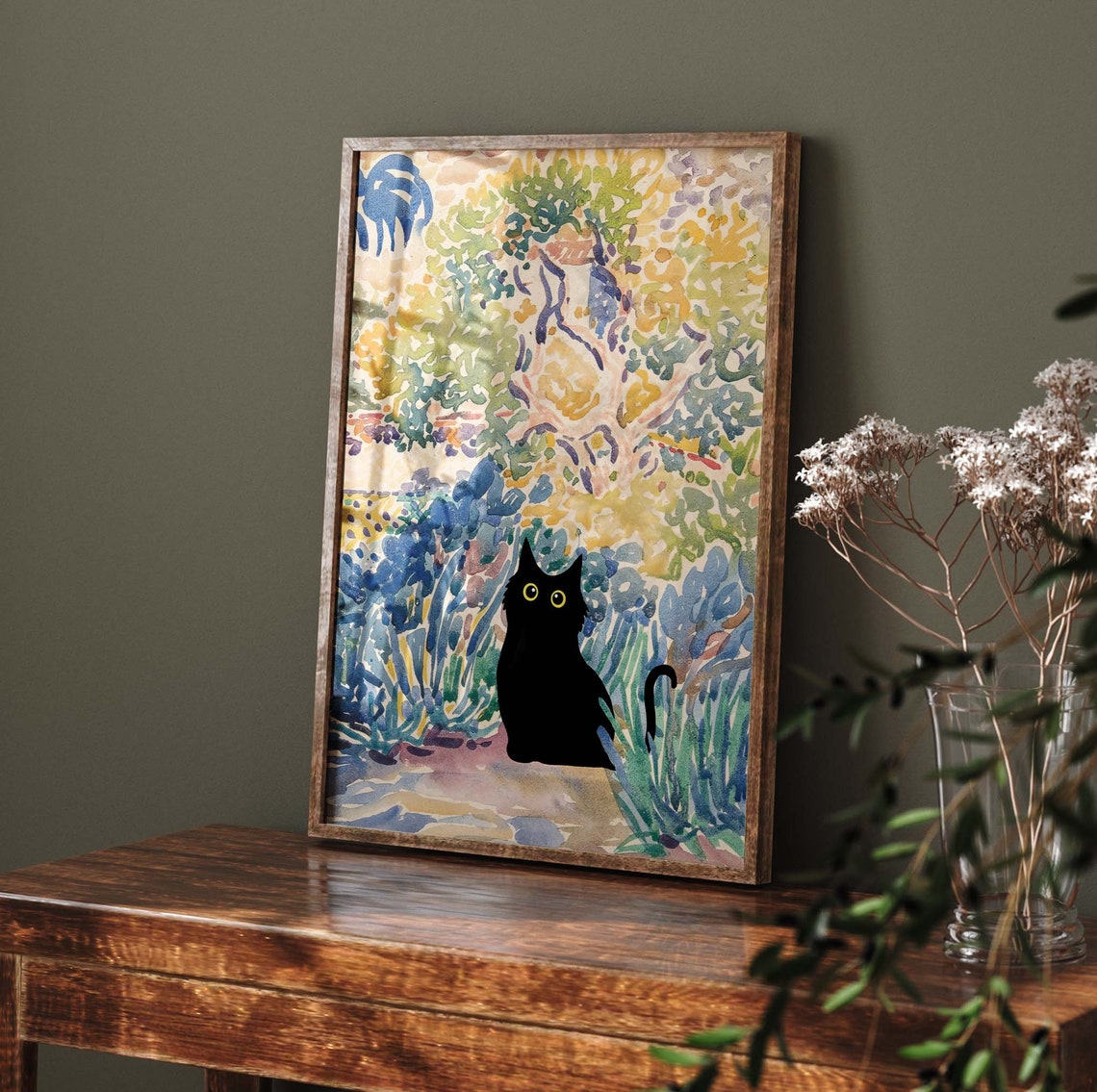 Black Cat Silhouette in a Pointillist Impressionist Garden Poster - Image 2