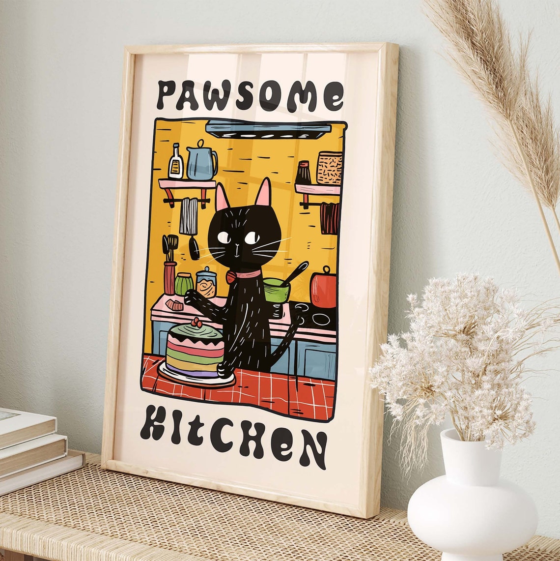 Pawsome Kitchen Funny Black Cat Chef Baking A Layer Cake Retro Poster - Image 2