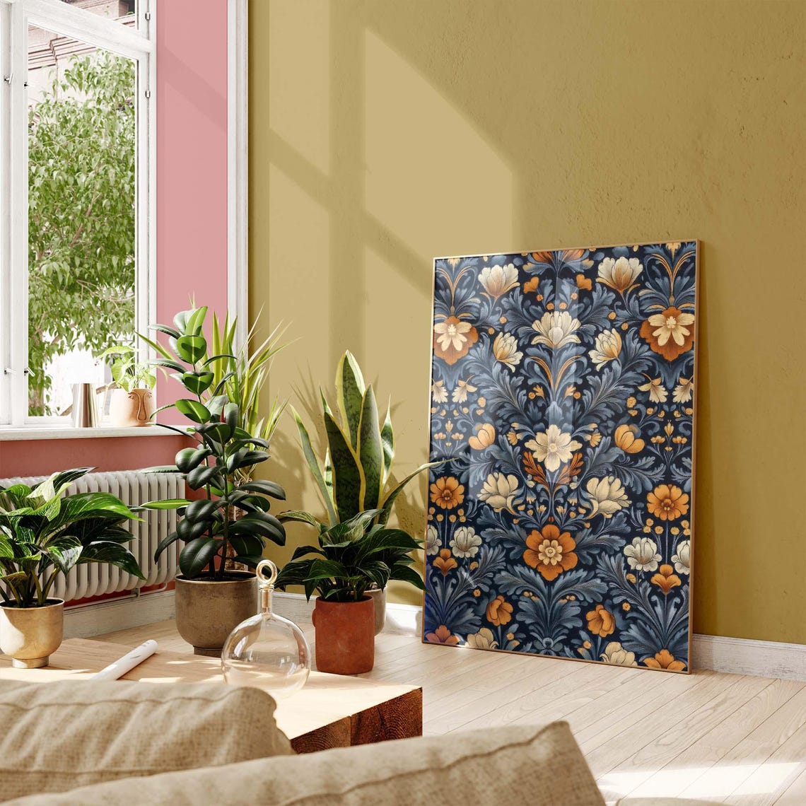 William Morris Style Floral Pattern with Orange Blooms on Navy Poster - Image 3