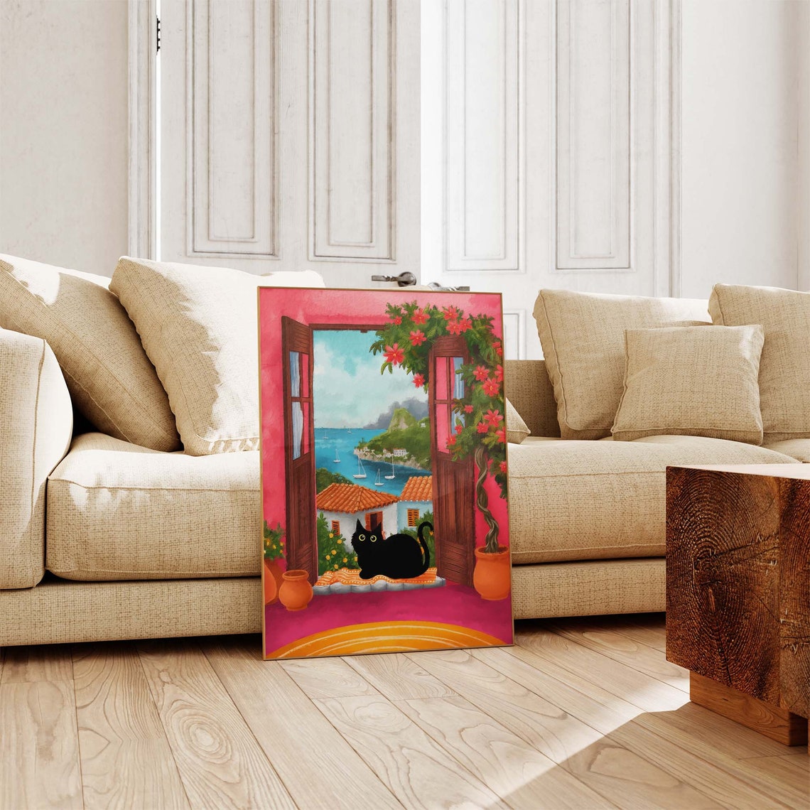 Black Cat At Open Window Overlooking Mediterranean Coast Harbor Poster - Image 3