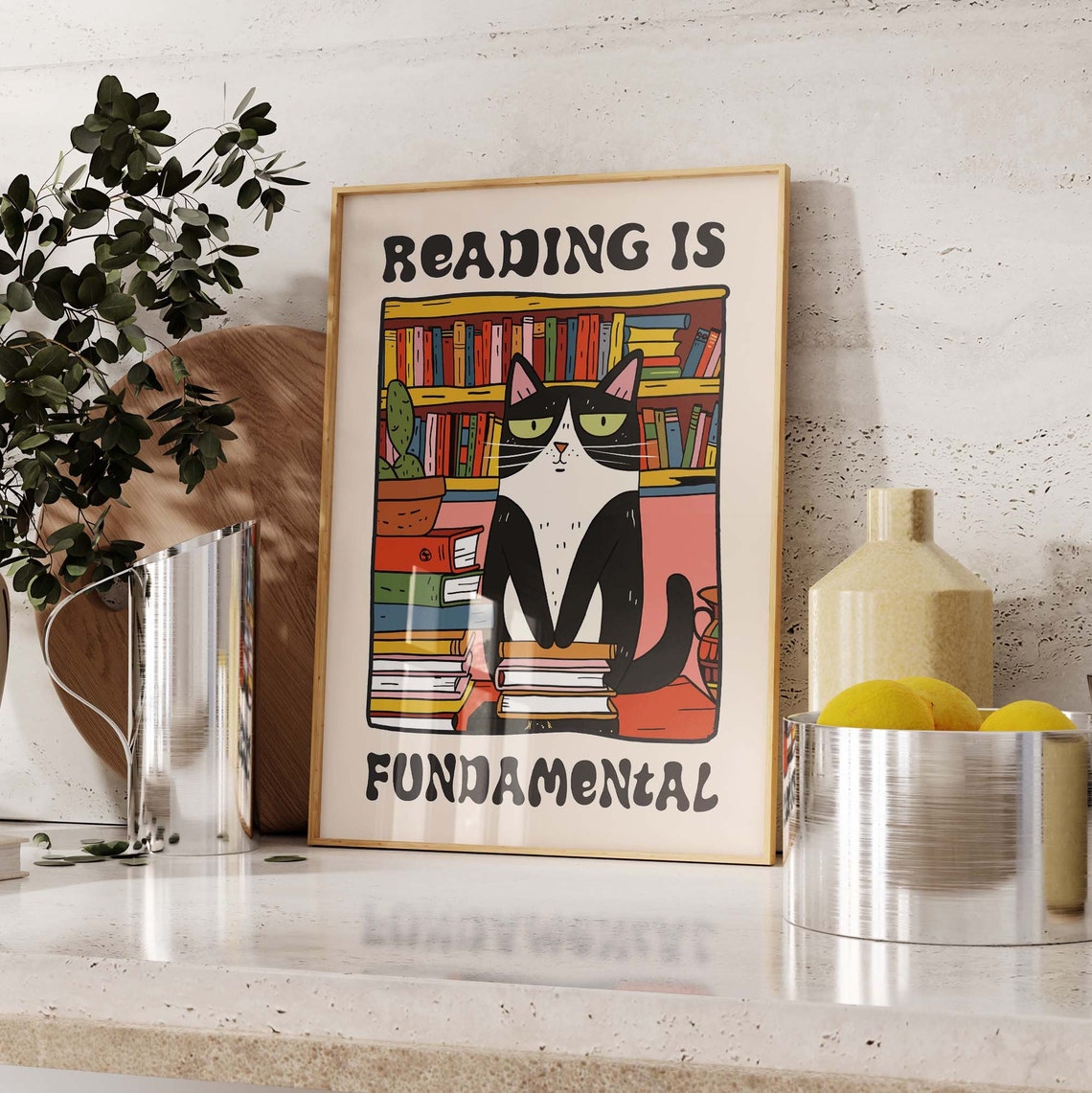 Reading Is Fundamental Retro Cartoon Cat Library Book Poster - Image 2