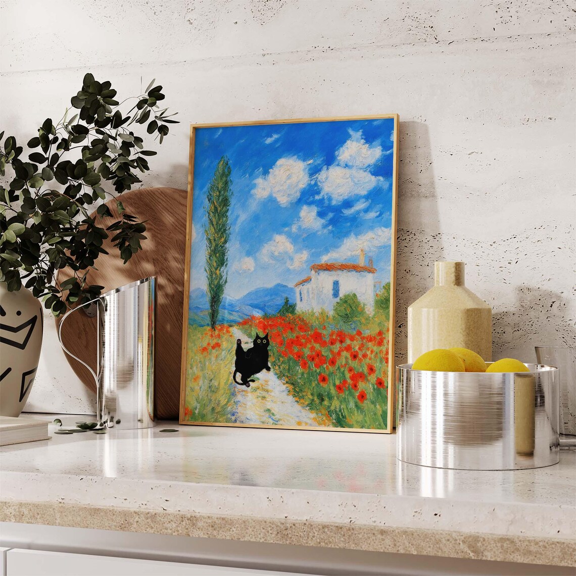 Black Cat On Path Through Monet Inspired Poppy Field Country House Poster - Image 2