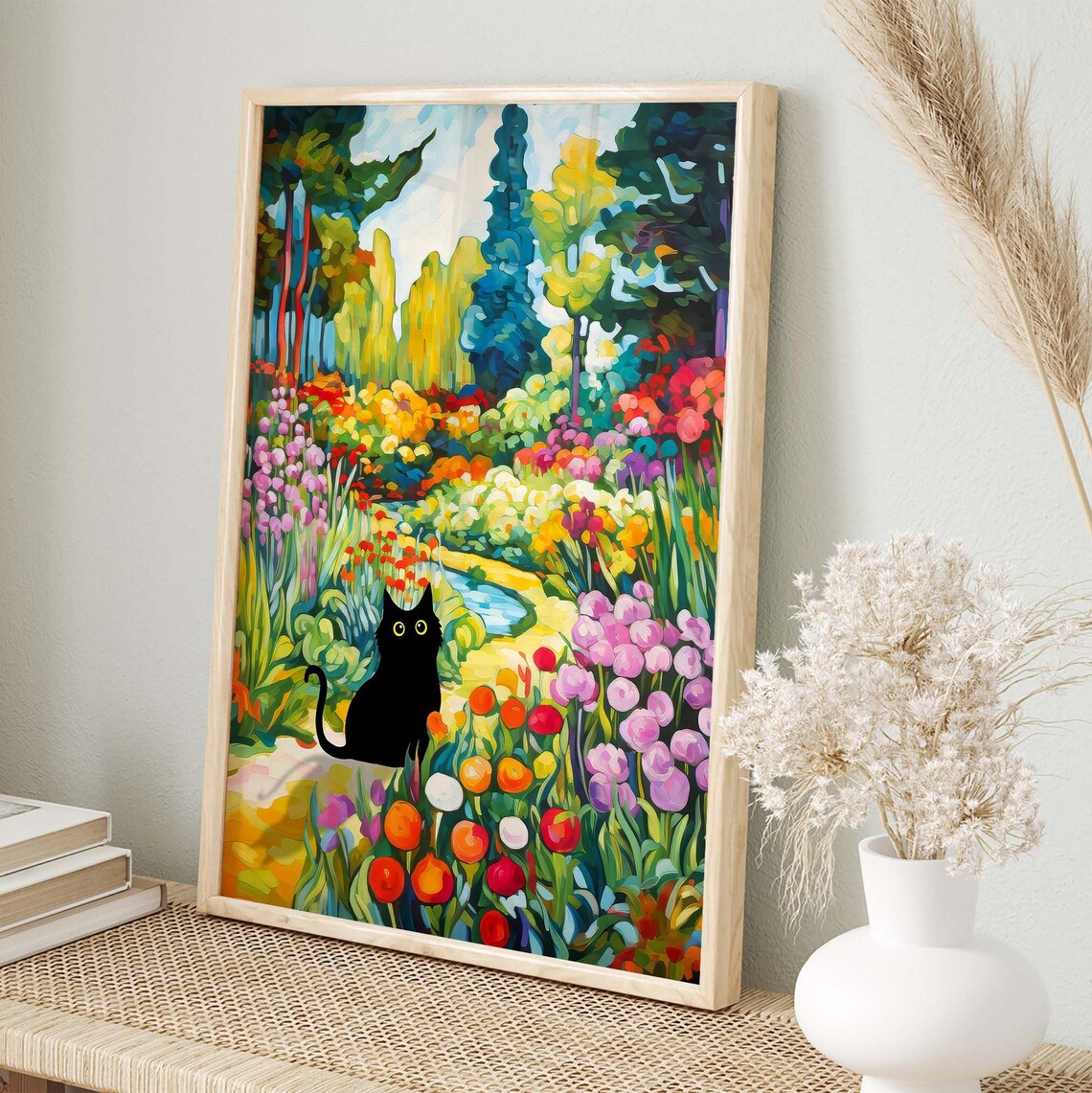 Black Cat Garden Flower Field Poster, Floral Art - Image 2