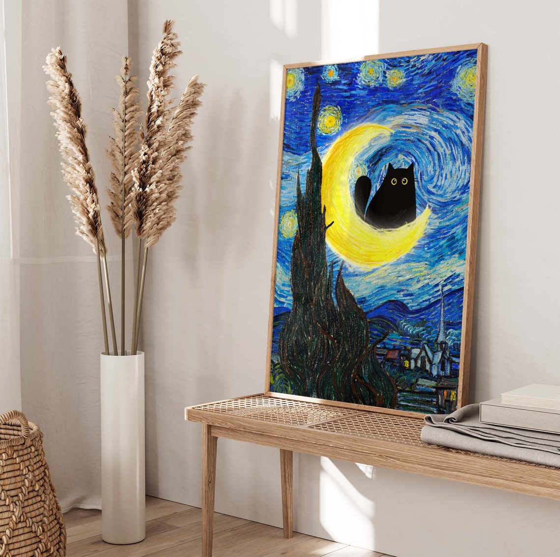 Van Gogh Starry Night Black Cat Sitting On Crescent Moon Poster - Image 4
