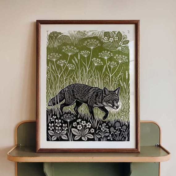 Fox Wall Art Print, Woodland Linocut Poster