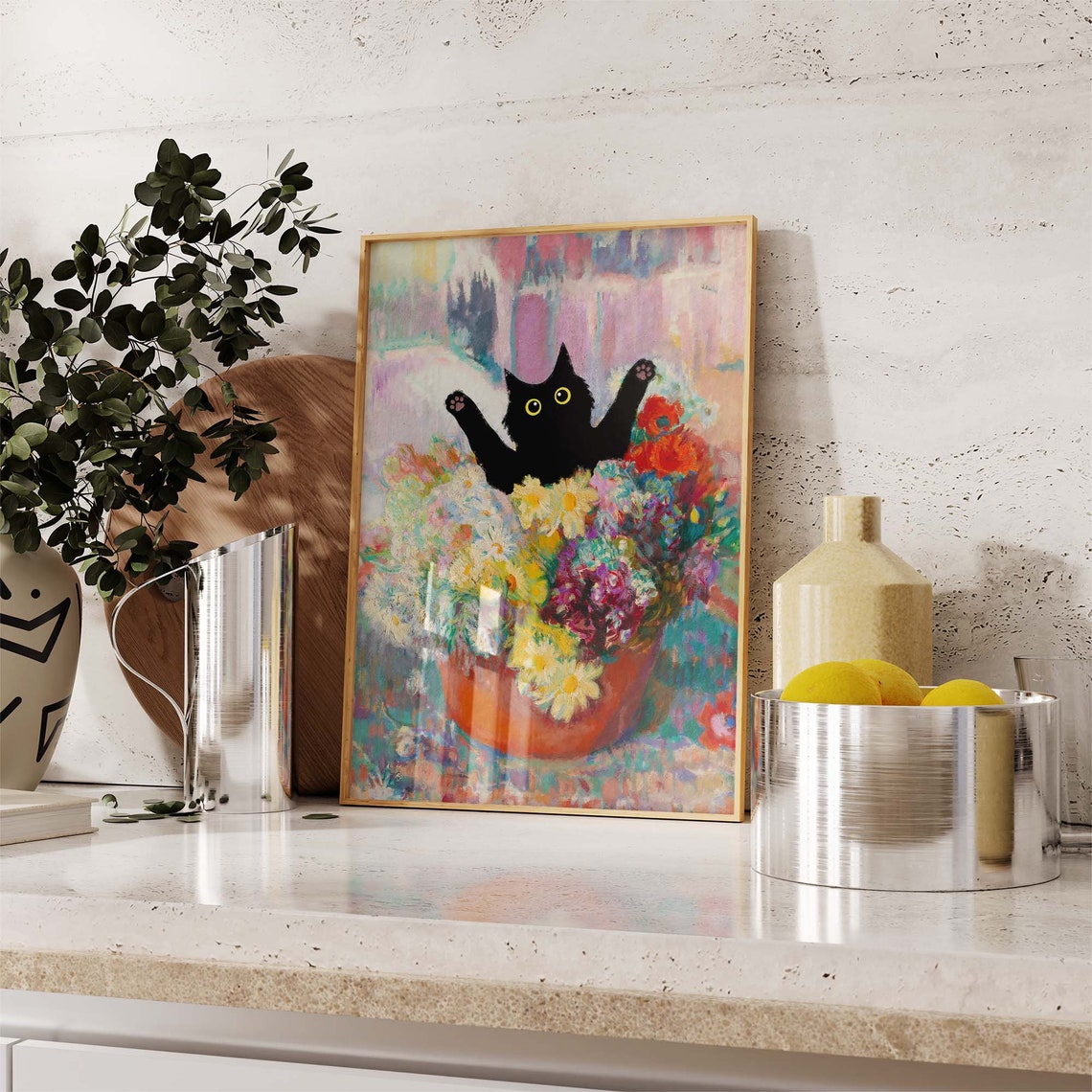 Black Cat With Paws Up Bursting From A Flower Pot Joyful Poster - Image 2