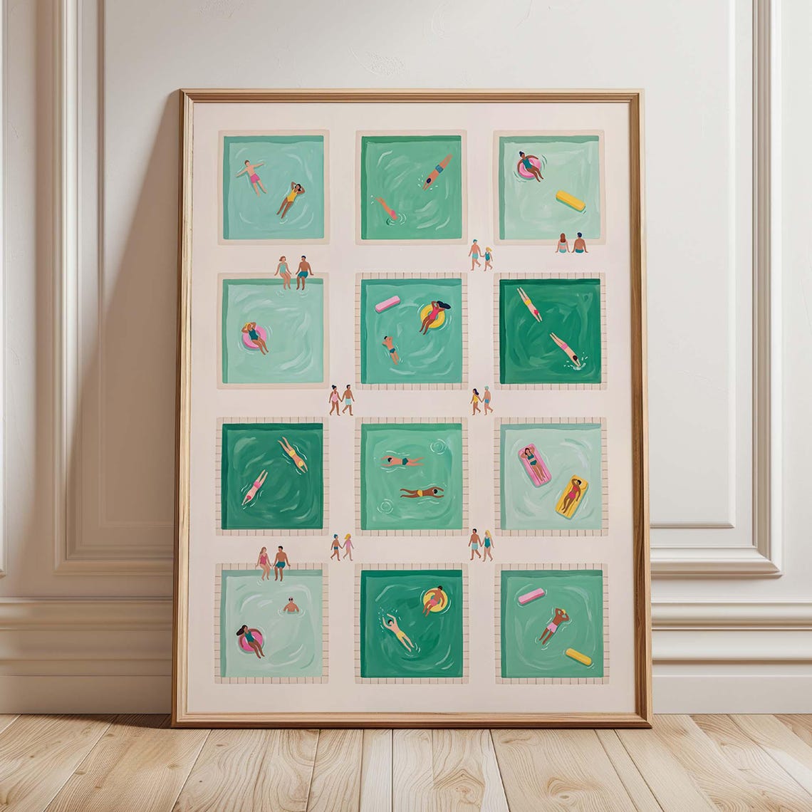 Twelve Swimming Pool Scenes Grid Summer Pool Party Art Poster