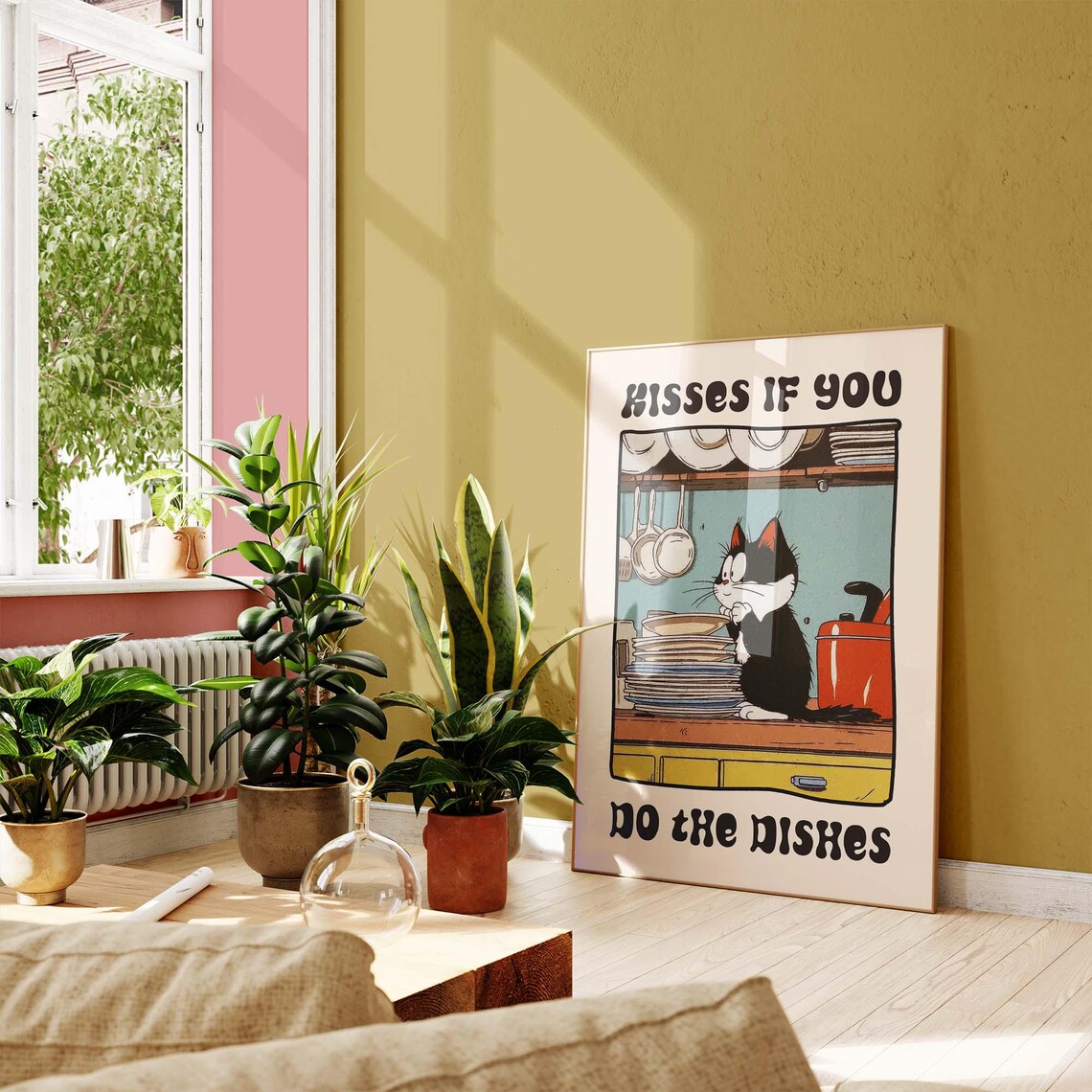 Kisses If You Do The Dishes Funny Cat With Stack Of Plates Retro Poster - Image 3