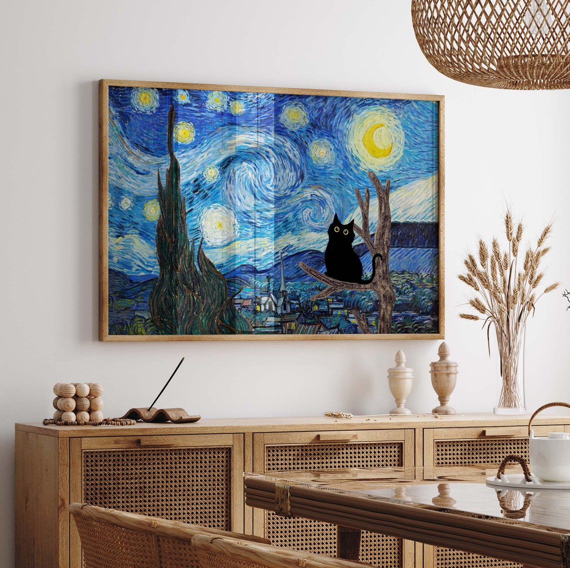 Starry Night Black Cat Perched On A Tree Branch Night Sky Poster - Image 3