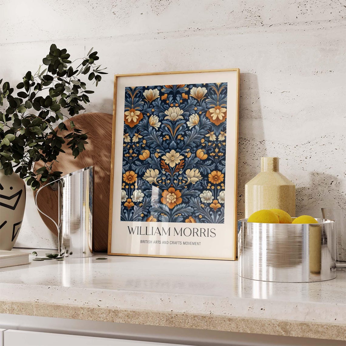 William Morris Style Navy And Orange Floral Pattern Vintage Art Poster - Image 2