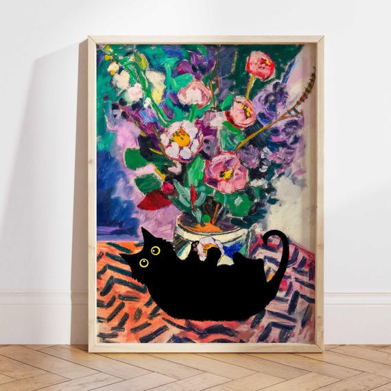 Black Cat Print Matisse Poster Flowers Funny Botanical Home Wall Art In Painting Lover Ps0576