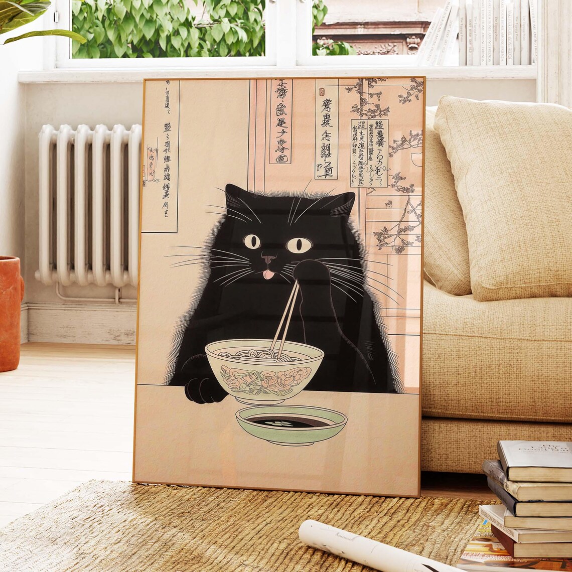Black Cat Eating Ramen Noodles Japanese Woodblock Art Poster - Image 4