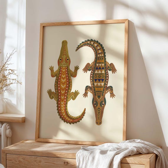Folk Art Crocodile Print Boho Safari Animal Nursery Decor Geometric Alligator Poster