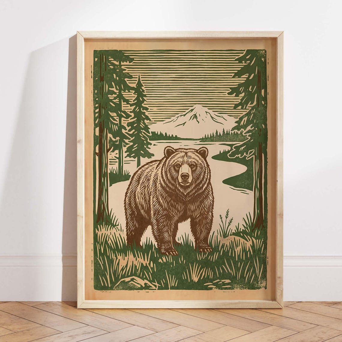 Grizzly Bear In Forest By Mountain Lake Green Woodcut Style Poster