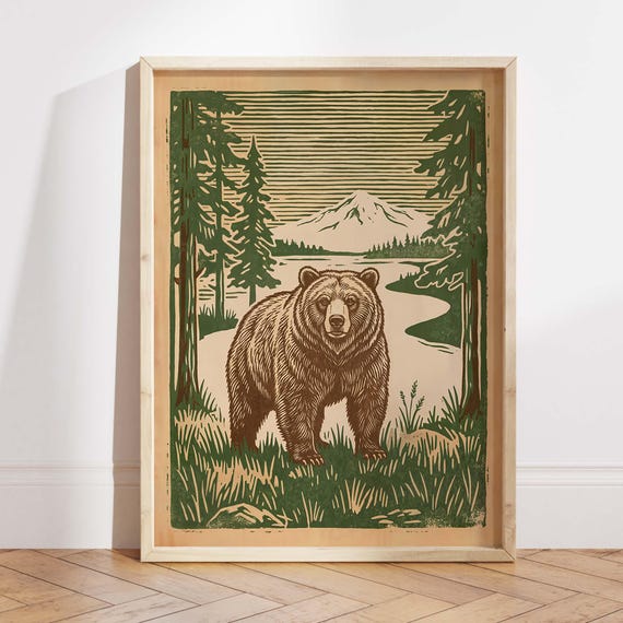 Grizzly Bear Wildlife Print Vintage Forest Cabin Decor Woodcut Style Artwork