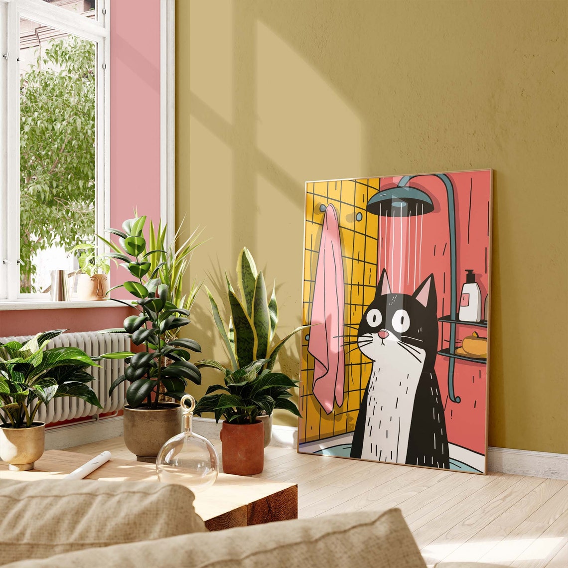 Cartoon Cat Taking A Shower In A Retro Pink Bathroom Funny Poster - Image 3