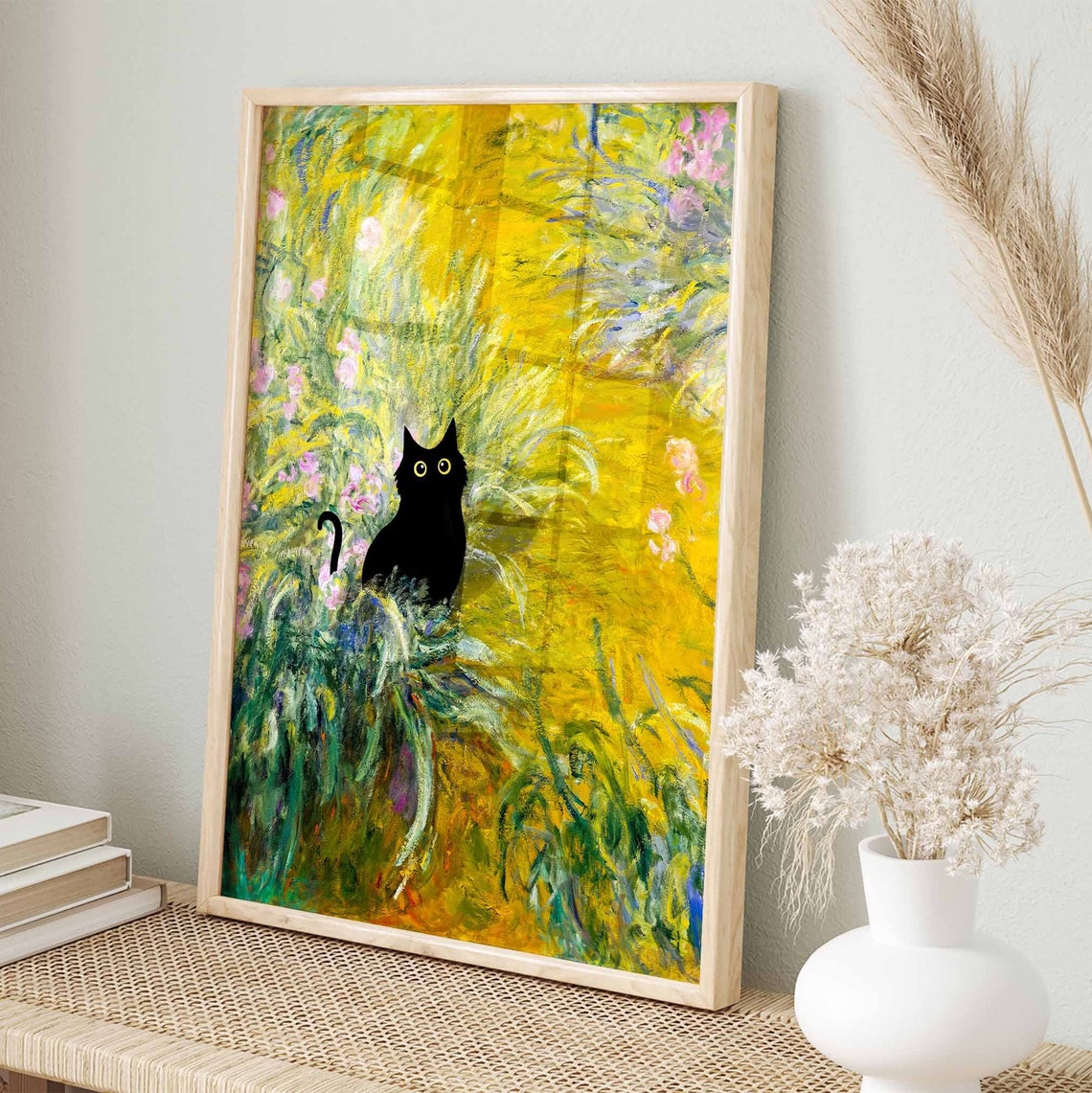 Black Cat Silhouette In A Yellow Impressionist Iris Garden Poster - Image 4