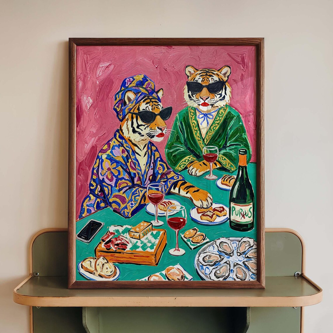 Whimsical Tiger Dining Poster, Maximalist Kitchen Art