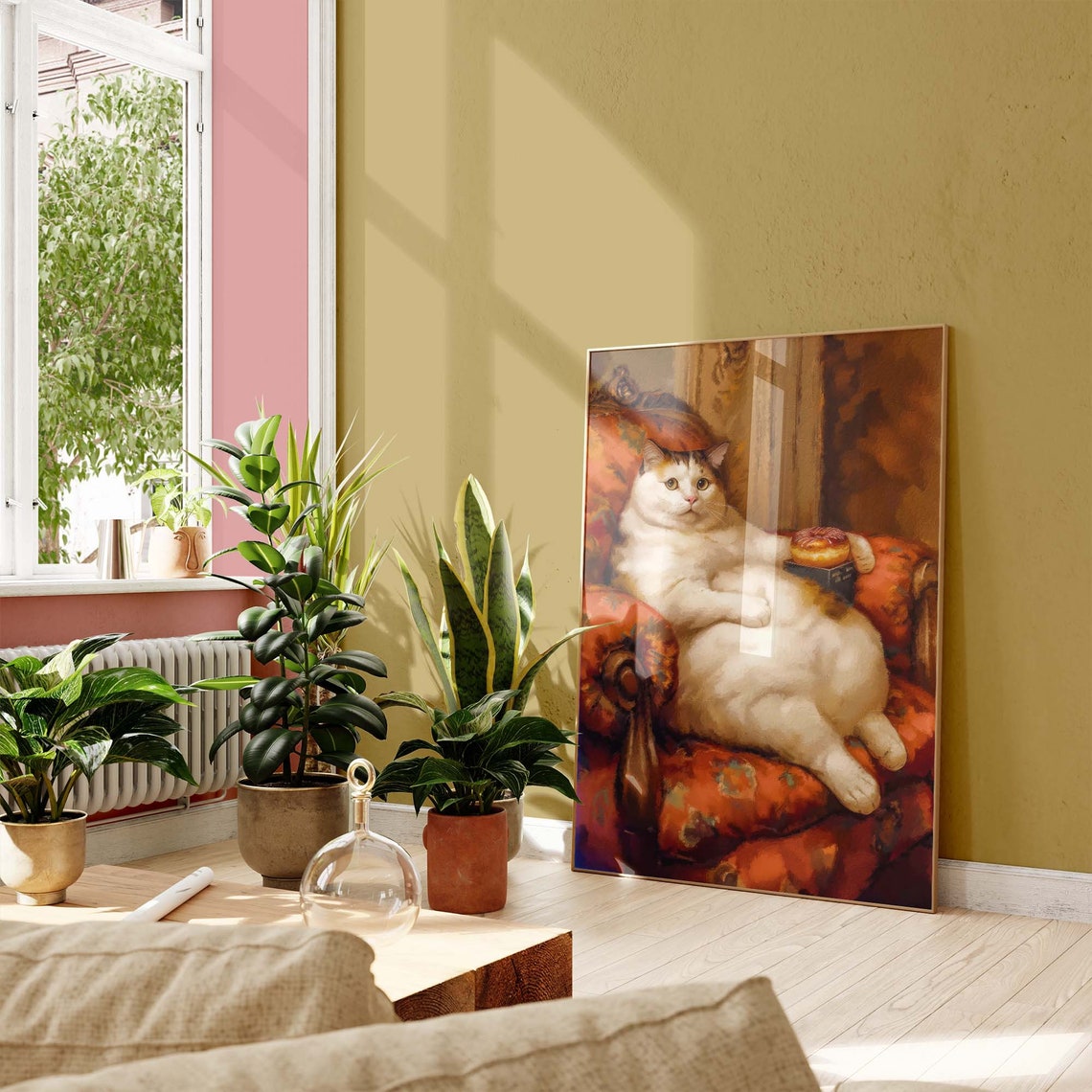 Chubby Cat Relaxing On Red Chair Holding A Donut Treat Art Poster - Image 3