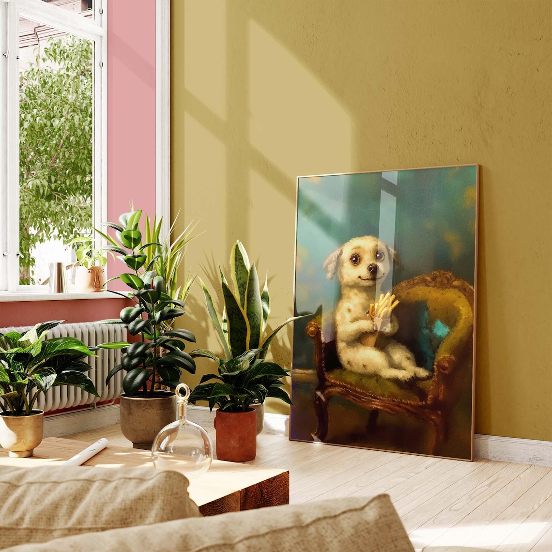 White Puppy Holding French Fries On A Vintage Chair Art Poster - Image 3