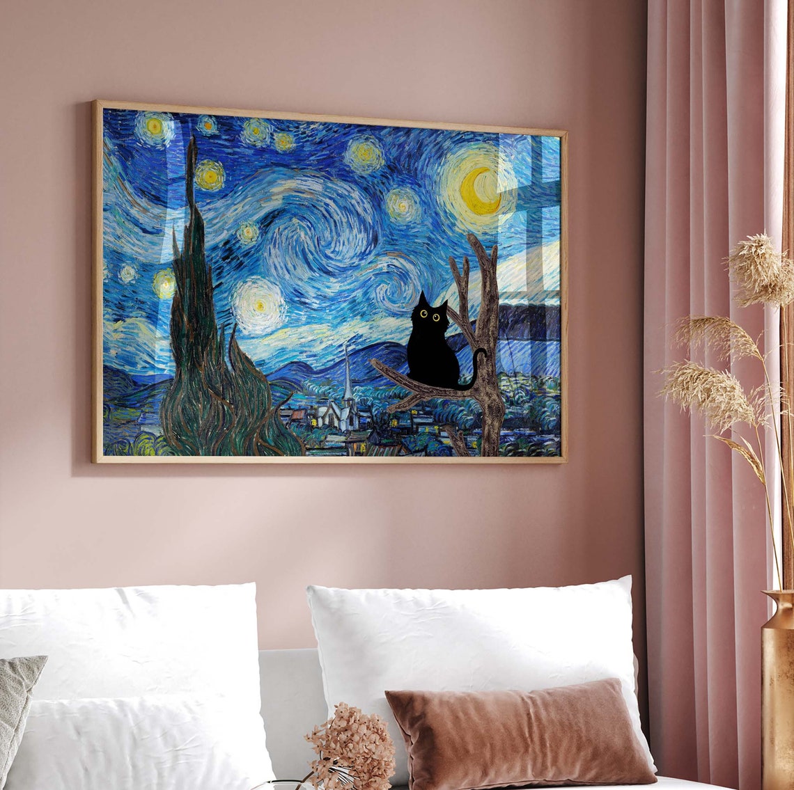 Starry Night Black Cat Perched On A Tree Branch Night Sky Poster - Image 2