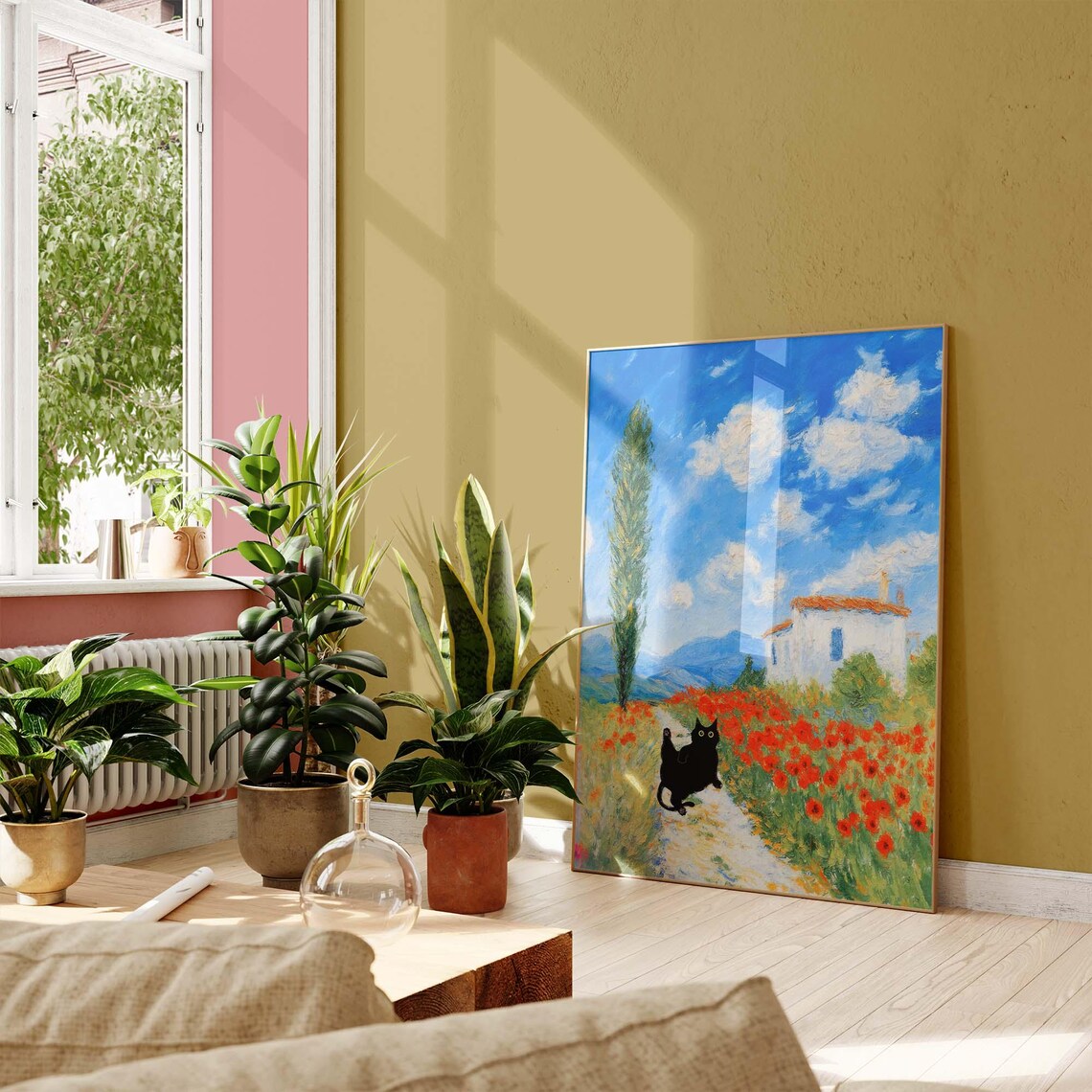 Black Cat On Path Through Monet Inspired Poppy Field Country House Poster - Image 3