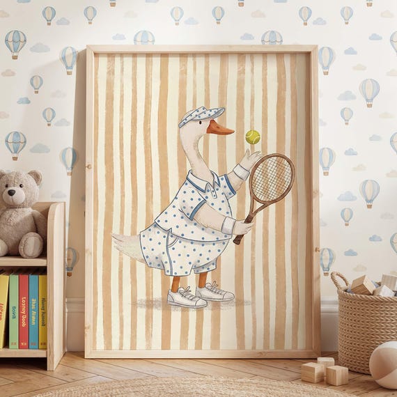 Nursery Tennis Duck Print Vintage Preppy Animal Illustration Kids Room Decor