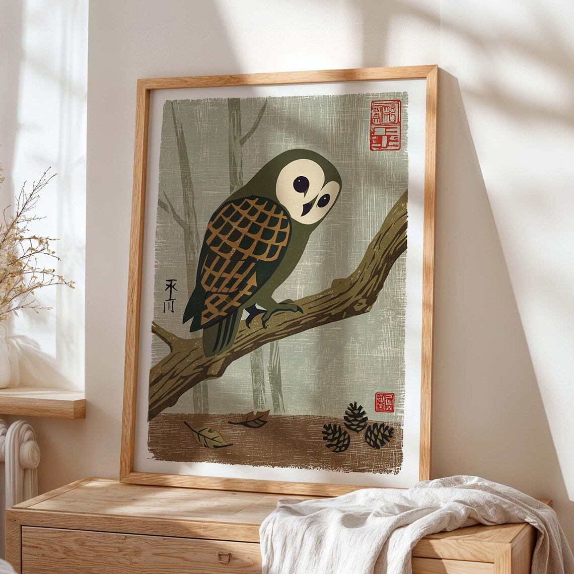Japanese Owl Vintage Woodblock, Japandi Woodland Decor