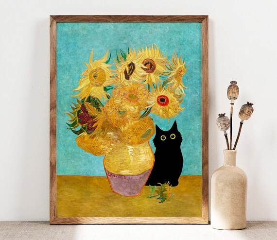 Black Cat Beside Van Gogh Sunflowers Vase Teal Background Classic Poster