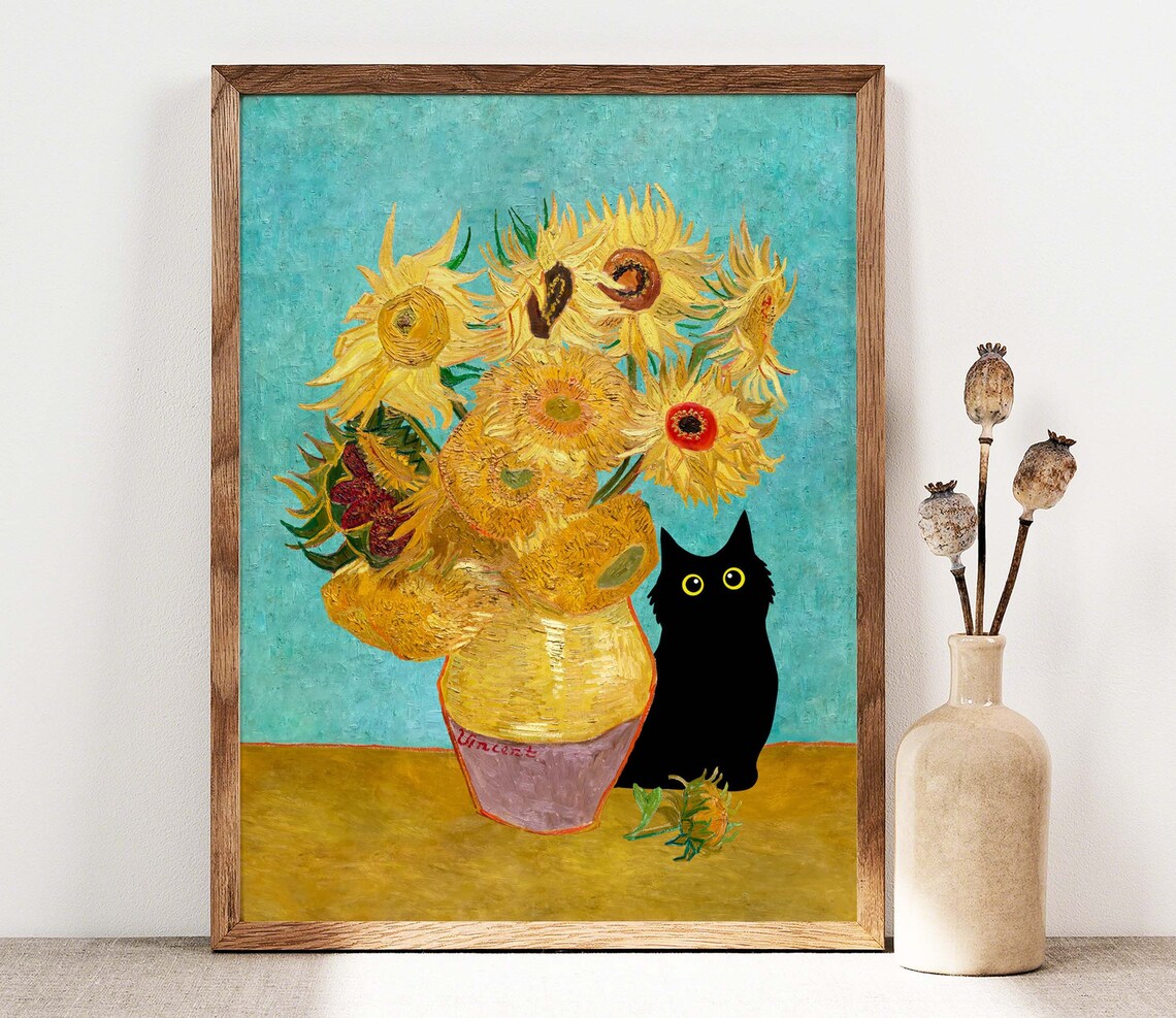 Black Cat Beside Van Gogh Sunflowers Vase Teal Background Classic Poster